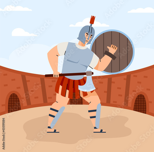 Armed gladiator legionary of era roman empire on arena colosseum in action pose.