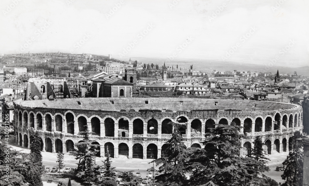 landscape of the gardens square of bea verona in the 50s