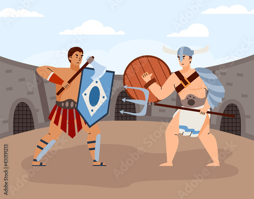 Armed ancient roman gladiators or legionary in fight on arena of colosseum.