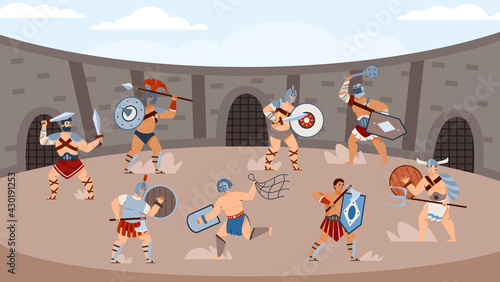 Ancient roman retiarius gladiators or legionnaires in fight on arena of colosseum