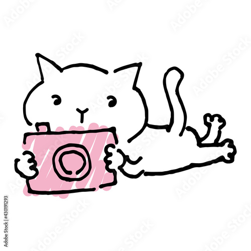 写真撮影をする猫とカメラの手描きイラスト