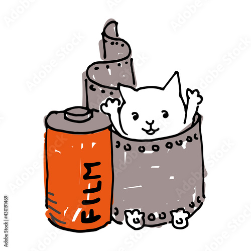 カメラのフィルムで遊ぶ猫の手描きイラスト