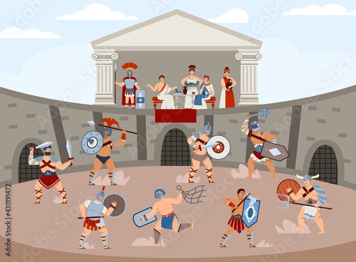 Arena of ancient Roman Colosseum with gladiatorial battles, cartoon flat vector.