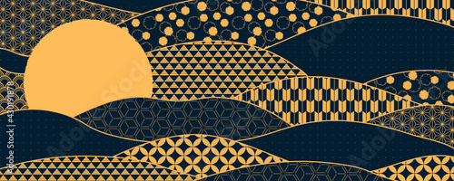 Traditional Asian patterns abstract background, gold on blue. Oriental, eastern style vector illustration. Design concept for Chinese New Year, Mid autumn festival elegant minimal card, poster, banner