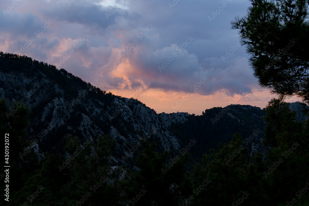 Fototapeta premium Beautiful natural landscape with coniferous trees and mountains and beautiful cloudy sky.