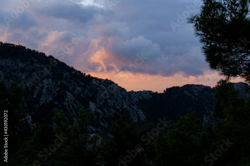 Beautiful natural landscape with coniferous trees and mountains and beautiful cloudy sky.