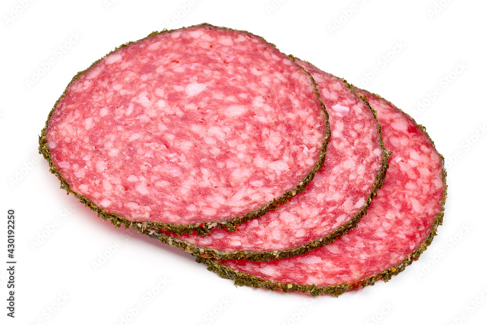 Salami sausage slices, isolated on white background. High resolution image Salami sausage slices, isolated on white background. High resolution image