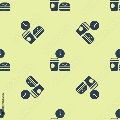 Blue Fast food time icon isolated seamless pattern on yellow background. Vector