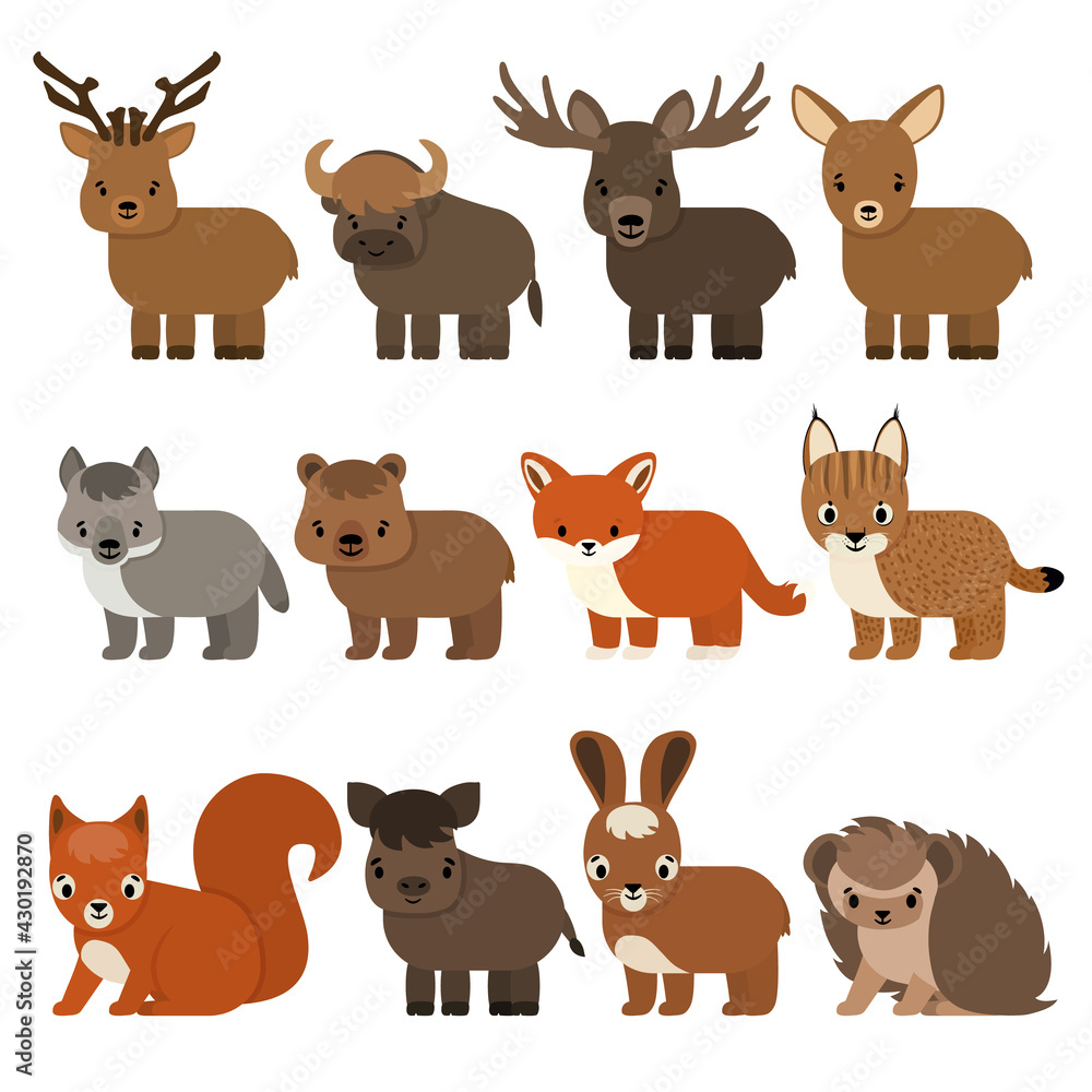 Fototapeta premium Set of cartoon animals of the forest and taiga, flat style. Vector isolated illustration on white background. Deer, fallow deer, bison moose, wolf, bear, fox, lynx, squirrel, wild boar, hare, hedgehog