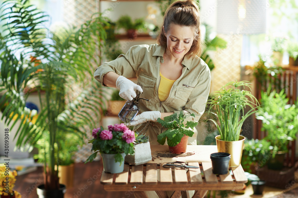 smiling florist at home in sunny day watering plant