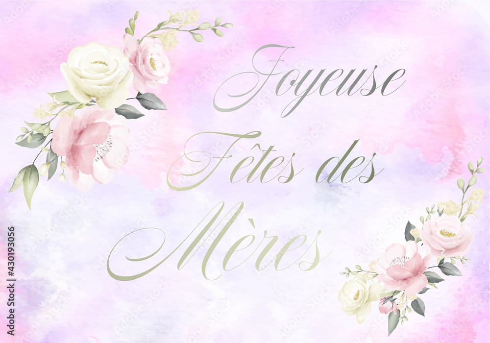 carte ou bandeau sur Joyeuse Fête des Mères en gris avec deux guirlandes de fleurs rose et blanche de chaque coté sur un fond marbré rose et bleu