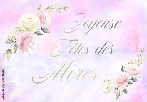 carte ou bandeau sur Joyeuse Fête des Mères en gris avec deux guirlandes de fleurs rose et blanche de chaque coté sur un fond marbré rose et bleu