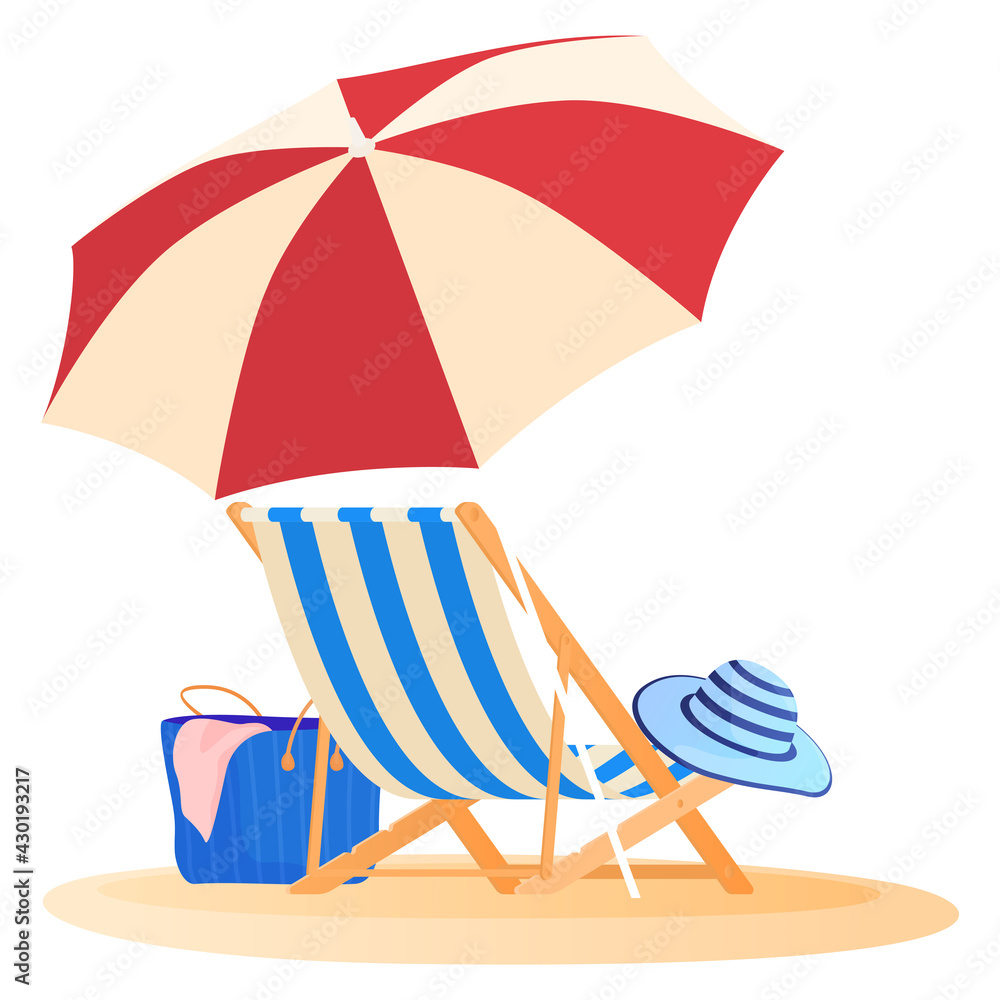 Travel and vacation concept. Beach umbrella and chair. Relaxing on the beach. Vector illustration - obrazy, fototapety, plakaty 