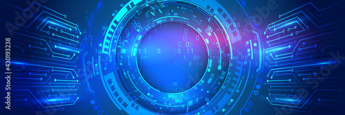 Hi-tech vector illustration with various technology elements. Wide Cyber security internet and networking concept. Abstract global sci fi concept. Digital internet communication on blue background