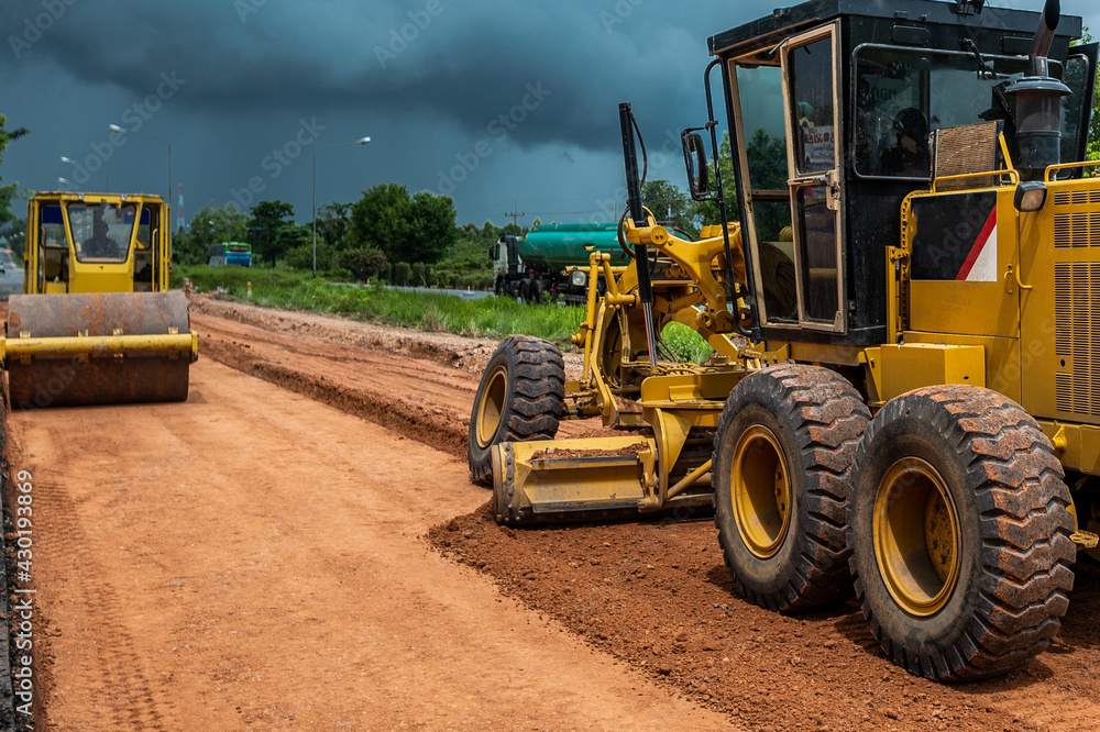 Fototapeta premium Grader industrial machine on site construction