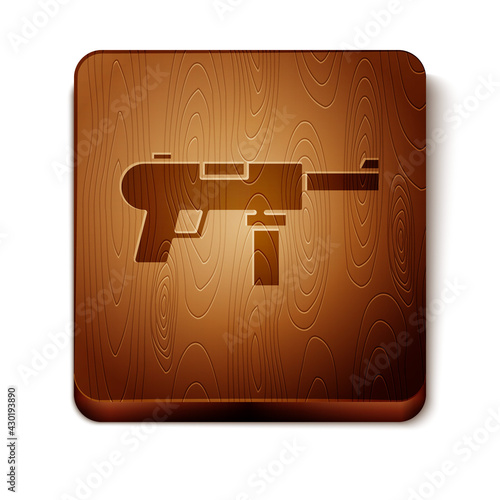 Brown Submachine gun M3, Grease gun icon isolated on white background. Wooden square button. Vector