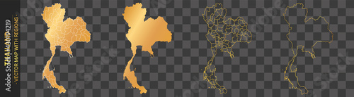 set of 4 gold political maps of Thailand with regions isolated on transparent background	
