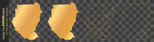 set of 4 gold political maps of Sudan with regions isolated on transparent background	
