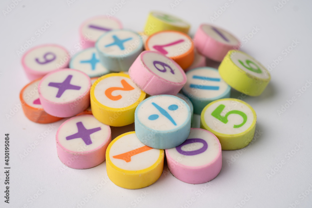 Fototapeta premium Math number colorful on white background, education study mathematics learning teach concept.