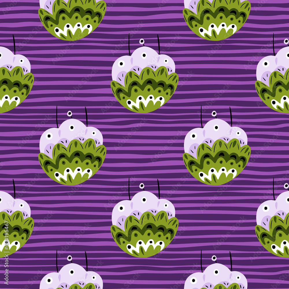 Green colored folk flowers print seamless pattern in hand drawn style. Purple striped background. Simple style. Green colored folk flowers print seamless pattern in hand drawn style. Purple striped background. Simple style.