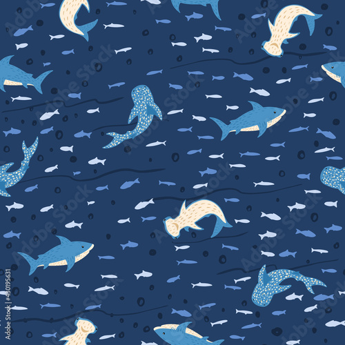 Seamless pattern sharks on blue background. Cute print with Hammerhead, Whale, White shark and fishes.