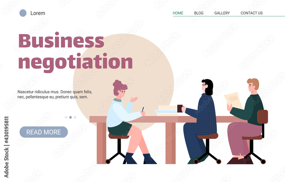Business negotiations website banner template with business people sitting at table, cartoon vector illustration. Web page on cooperation and partnership negotiations.