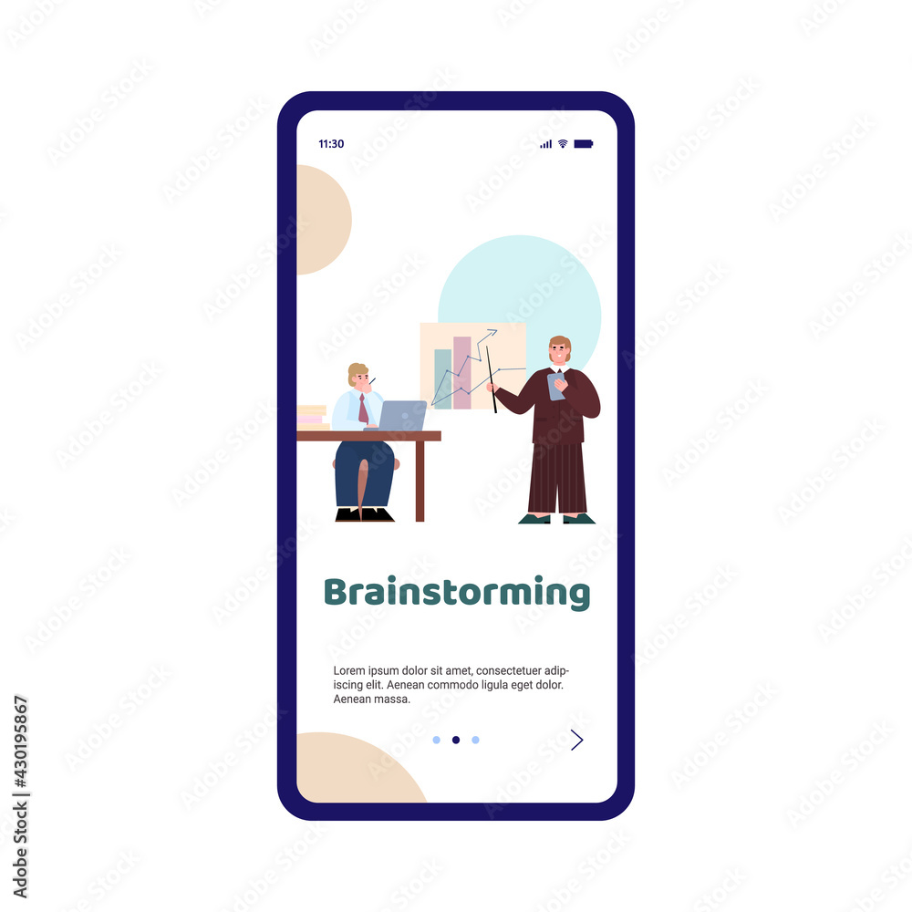 Onboarding page with brainstorming business team, flat vector illustration.