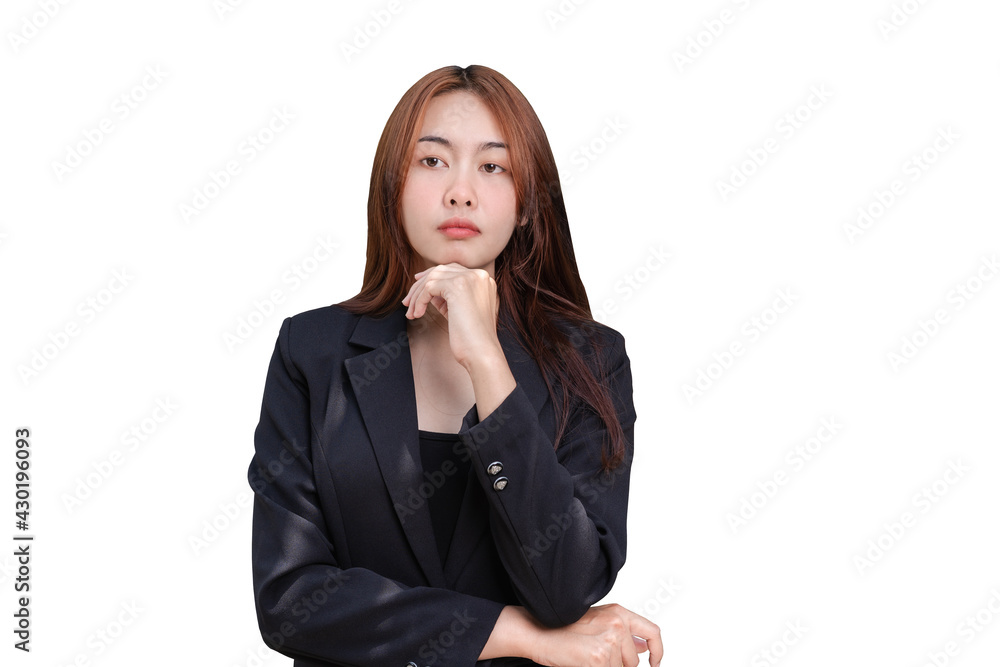 Portrait of Asian young businesswoman thinking creating new plan or solving over problem. Thoughtful beautiful female crossed arms and fingers on chin looking at camera isolated on green background Portrait of Asian young businesswoman thinking creating new plan or solving over problem. Thoughtful beautiful female crossed arms and fingers on chin looking at camera isolated on green background