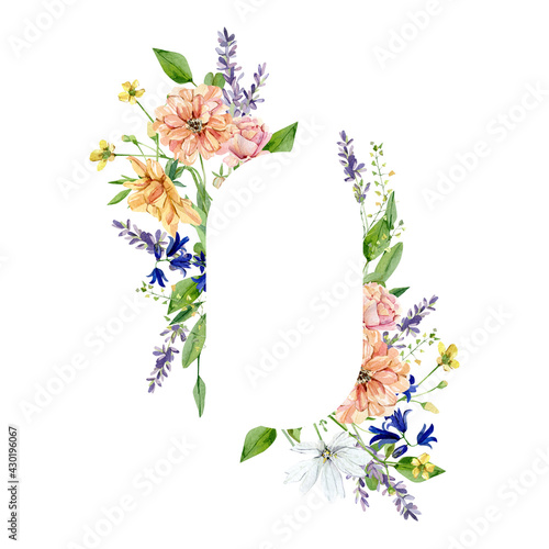 Watercolor wild floral frame. Mystical Bohemian design peony, lavander, chrysanthemum wildflowers. Bright wild flowers romantic card, wedding invintation, bridal shower, baby shower.