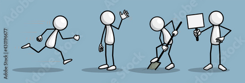 Set of stick figures in different poses on colored background. Vector print illustration.