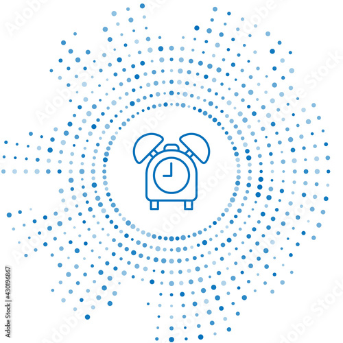 Blue line Alarm clock icon isolated on white background. Wake up, get up concept. Time sign. Abstract circle random dots. Vector