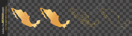 set of 4 gold political maps of Mexico with regions isolated on transparent background	
