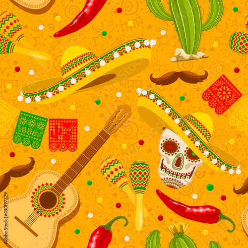 Cinco de Mayo seamless pattern with traditional mexican sombrero, perforated paper flags, maracas and other. Hand drawn festive pattern on yellow background. Vector illustration. 