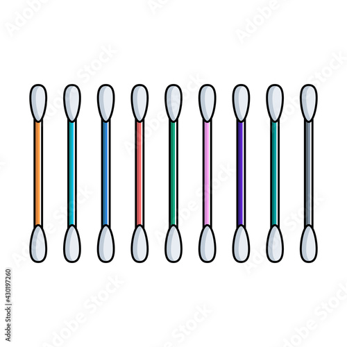 Set of multicolored ear cotton swabs icons. Hygiene product. Vector illustration on white isolated background in flat line style.