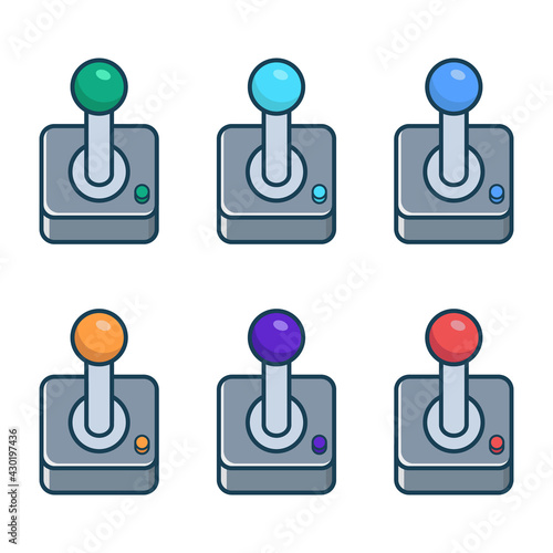 A set of multicolored retro joysticks for playing on a computer and consoles. Vintage video game joypad icons. Vector illustration on white isolated background in flat line style.