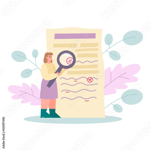 Woman with magnifier editing grammar mistakes and punctuation errors on paper.