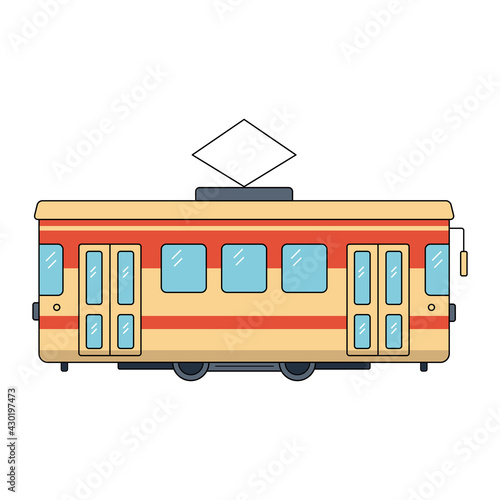Red city tram. Urban land transport. Vector illustration in flat line style on a white isolated background.