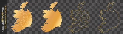 set of 4 gold political maps of Ireland with regions isolated on transparent background 