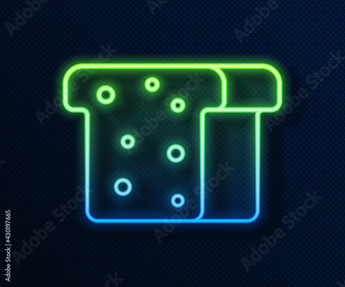 Glowing neon line Bread toast for sandwich piece of roasted crouton icon isolated on blue background. Lunch, dinner, breakfast snack. Vector