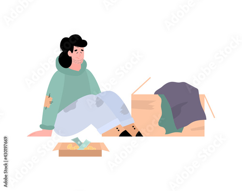 Homeless poor man with box for alms, flat cartoon vector illustration isolated.