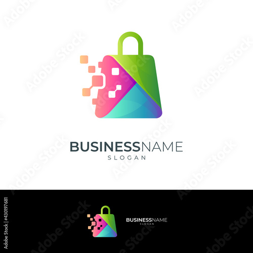 Vector logo of shopping bag with pixel motion shape, suitable for online shop business logo template