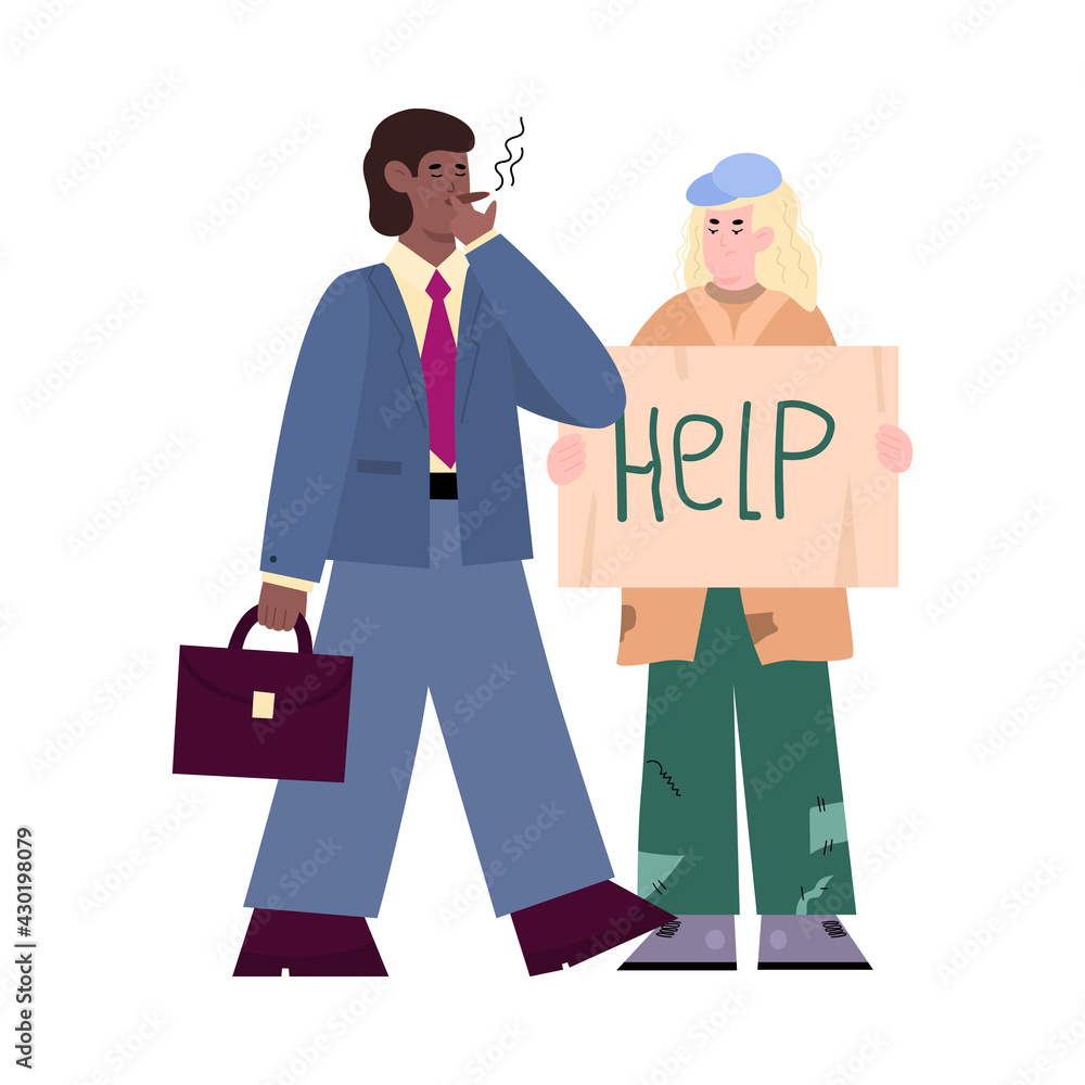 Businessman passing by poor homeless man, cartoon vector illustration isolated.