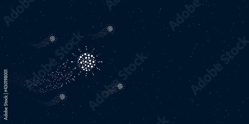 A sun filled with dots flies through the stars leaving a trail behind. Four small symbols around. Empty space for text on the right. Vector illustration on dark blue background with stars