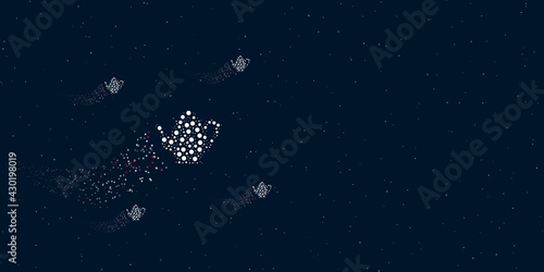 A teapot filled with dots flies through the stars leaving a trail behind. Four small symbols around. Empty space for text on the right. Vector illustration on dark blue background with stars