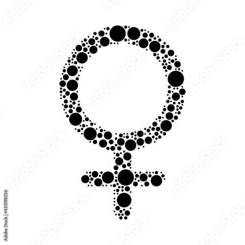 A large venus symbol in the center made in pointillism style. The center symbol is filled with black circles of various sizes. Vector illustration on white background