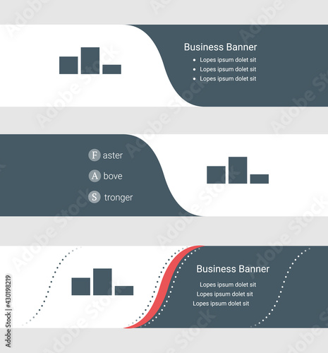 Set of blue grey banner, horizontal business banner templates. Banners with template for text and winners podium symbol. Classic and modern style. Vector illustration on grey background