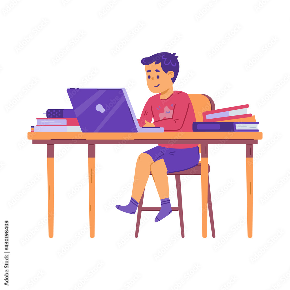 Teen sitting at desk with computer and books, flat vector illustration isolated. Teen sitting at desk with computer and books, flat vector illustration isolated.