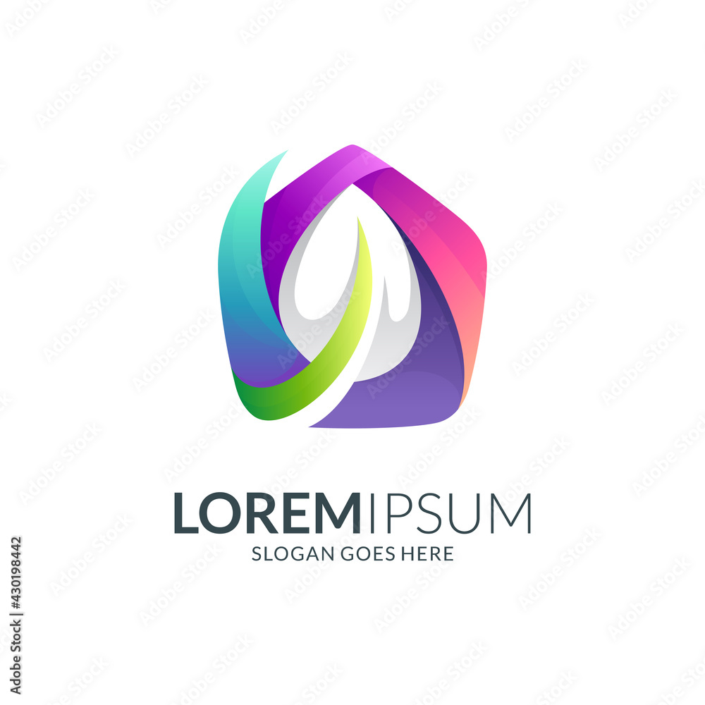 Vector logo of house with leaf shape in multiple gradient color Vector logo of house with leaf shape in multiple gradient color