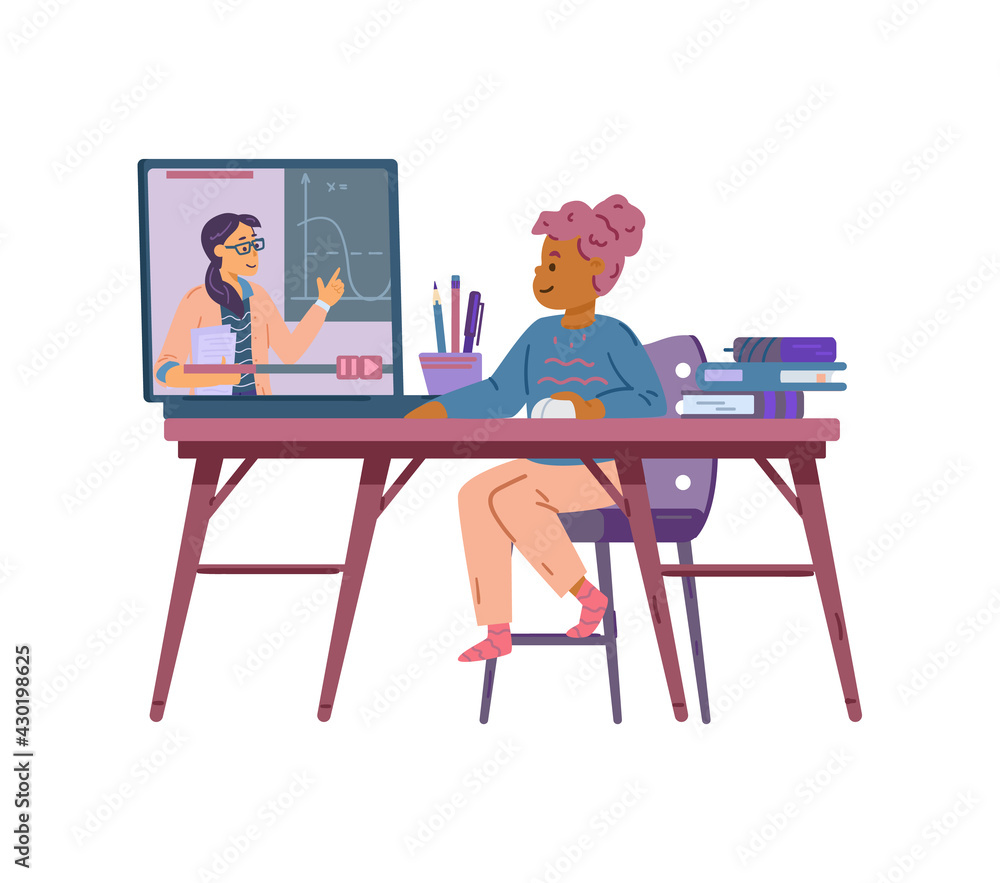 Child girl gets an online education home sitting at desk with laptop computer.
