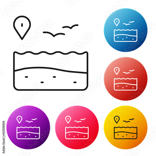 Black line Location with beach icon isolated on white background. Tropical beach landscape. Good sunny day. Set icons colorful circle buttons. Vector